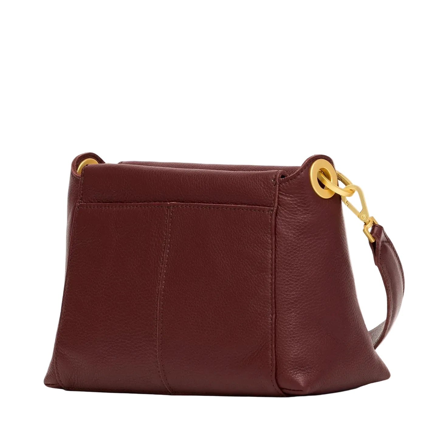 Maroon  leather handbag with a gold clasp on a white background