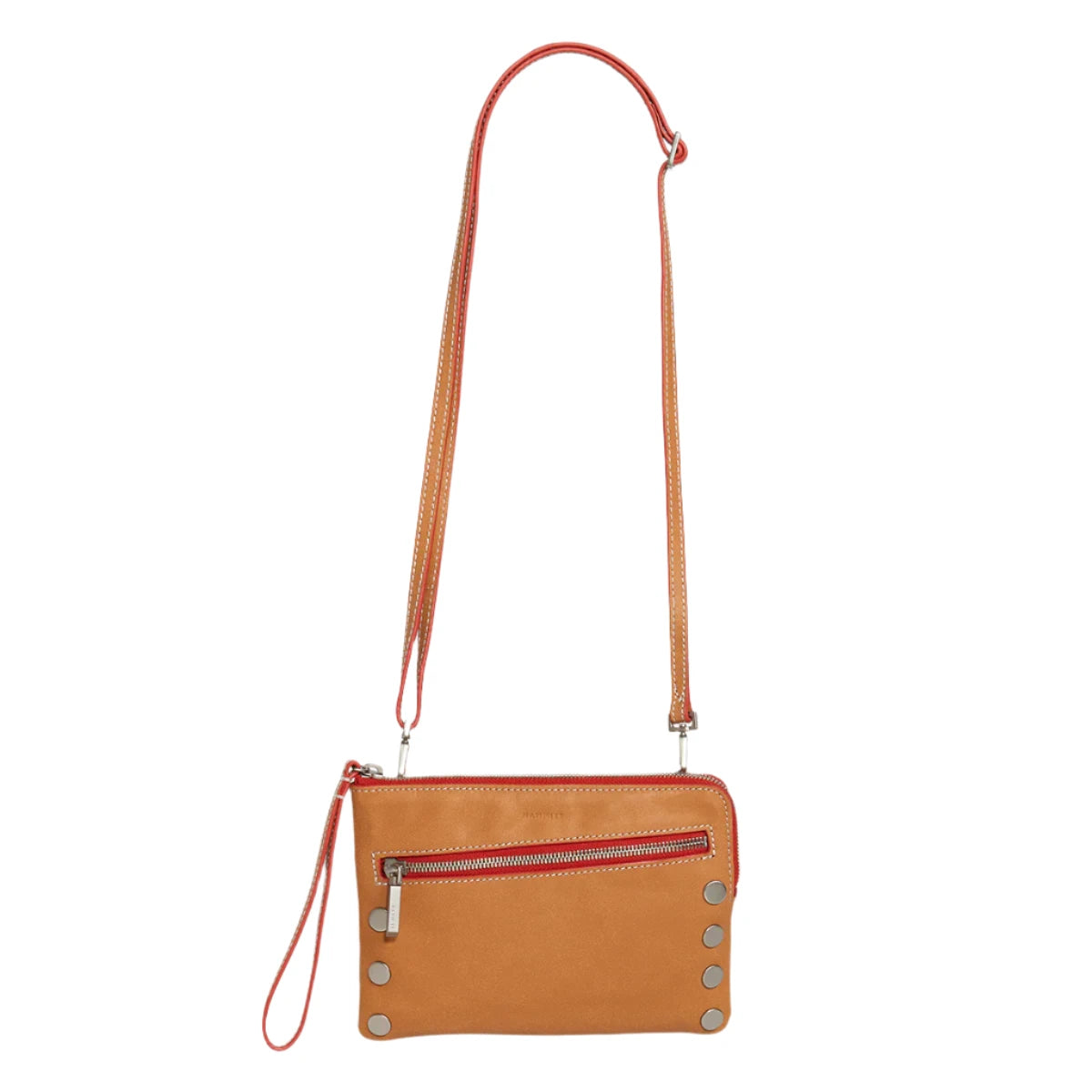 NASH SML Crossbody Clutch Wristlet in Croissant Tan/Silver with Red Zip