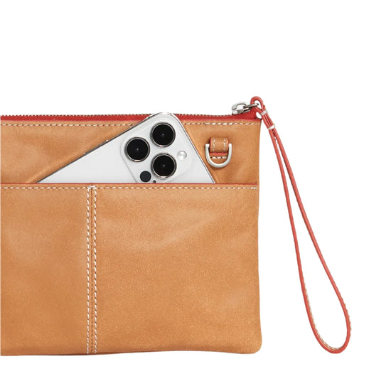 NASH SML Crossbody Clutch Wristlet in Croissant Tan/Silver with Red Zip