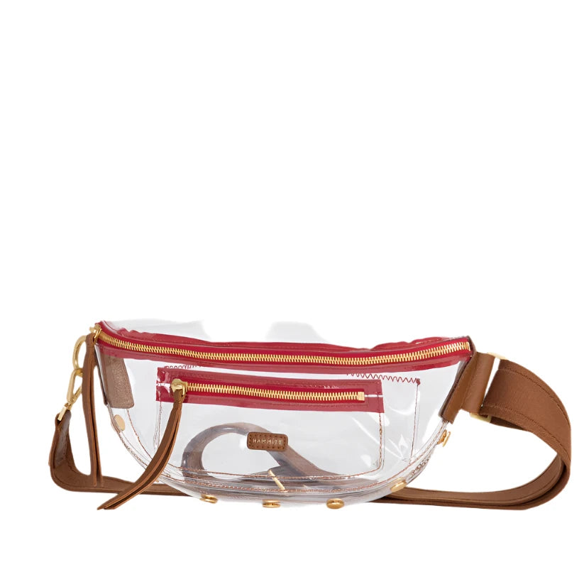 CHARLES CROSSBODY MED CLEAR in Mahogany/Gold with Red Zip