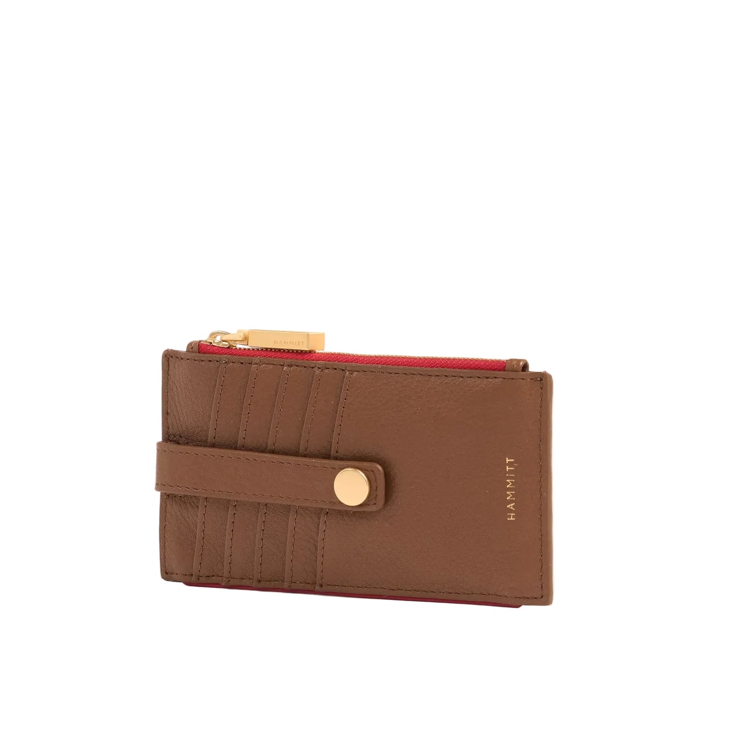 Brown wallet with gold zipper and clasp on a white background