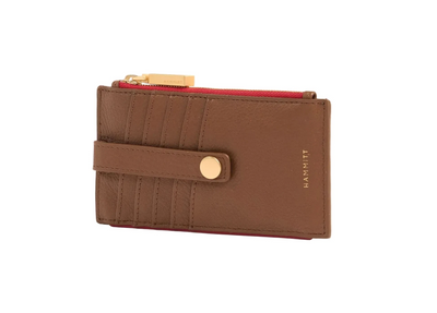 Brown wallet with gold zipper and clasp on a white background