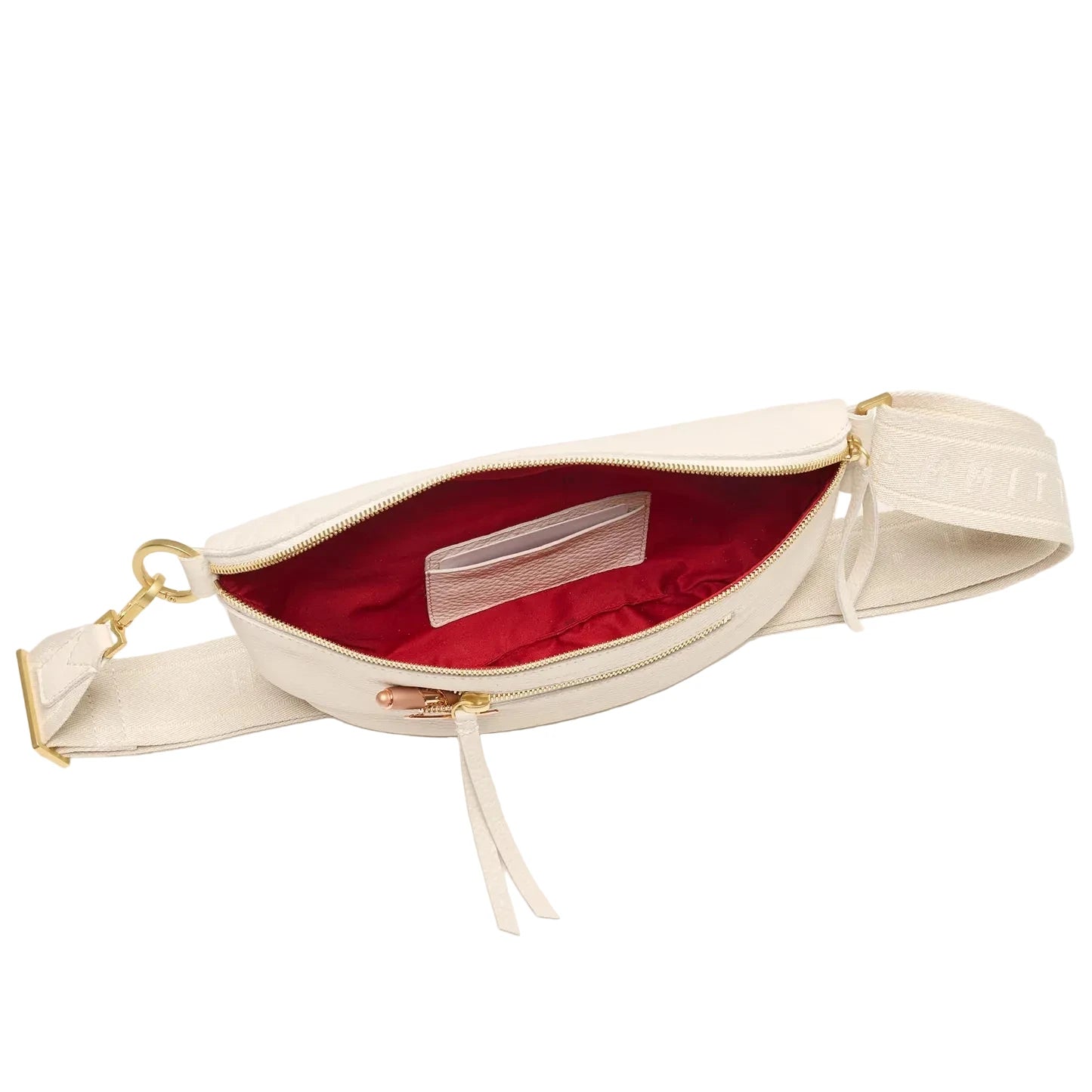 Cream belt bag with gold zipper red interior on a white background