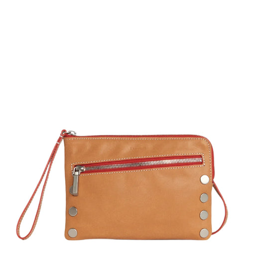 NASH SML Crossbody Clutch Wristlet in Croissant Tan/Silver with Red Zip