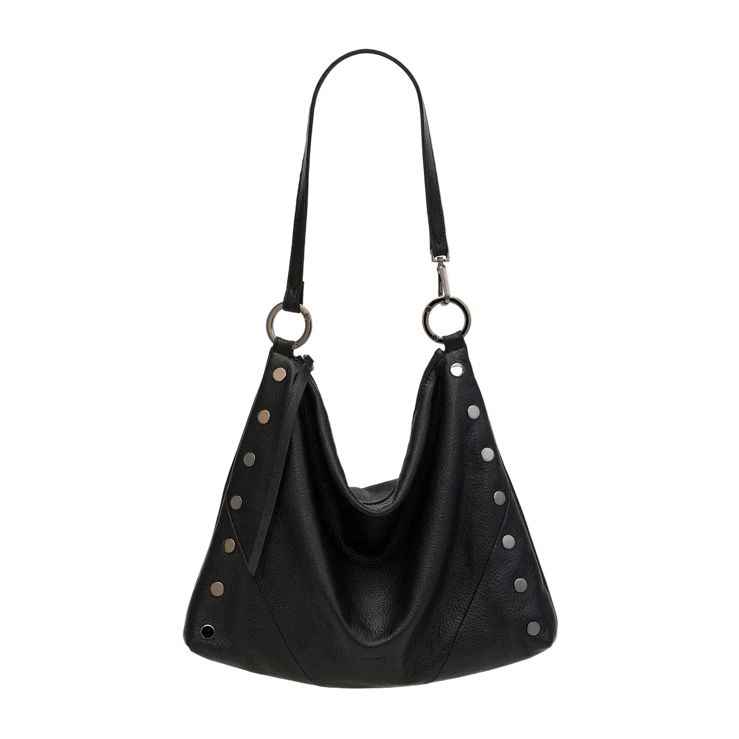 Black handbag with studded details on a white background