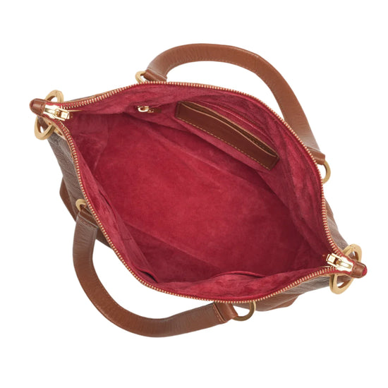 DANIEL MED Handbag in Mahogany Pebble/Gold with Red Zip