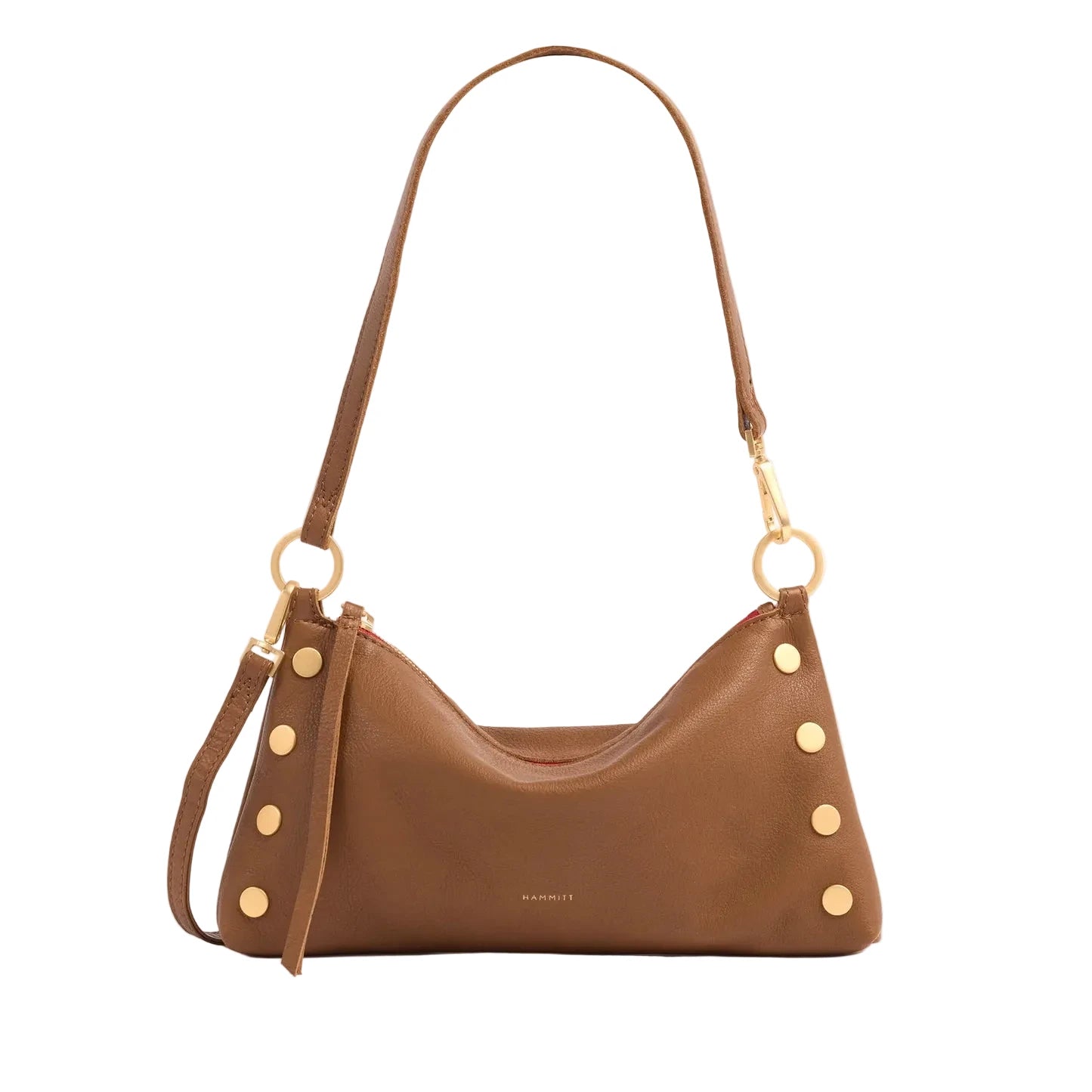 Brown handbag with gold accents on a white background