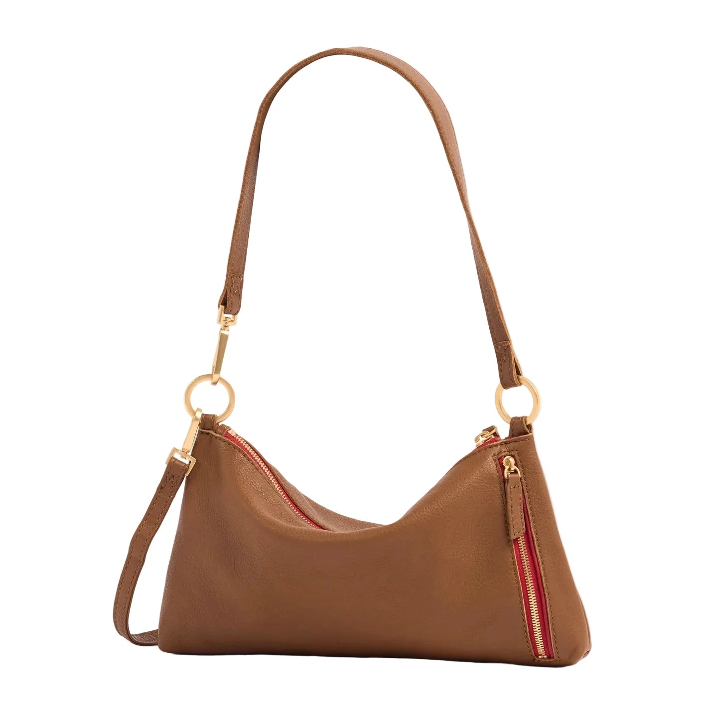 Brown handbag with a strap on a white background