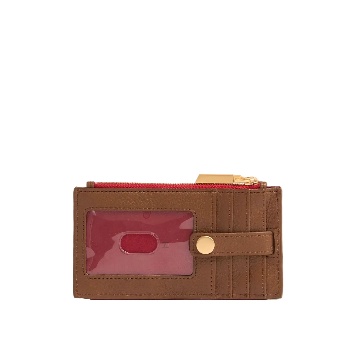 Brown wallet with a clear card holder on a white background