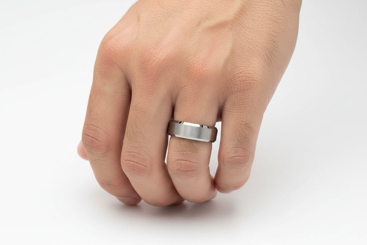 Men's Grey Tungsten Ring on Left Hand