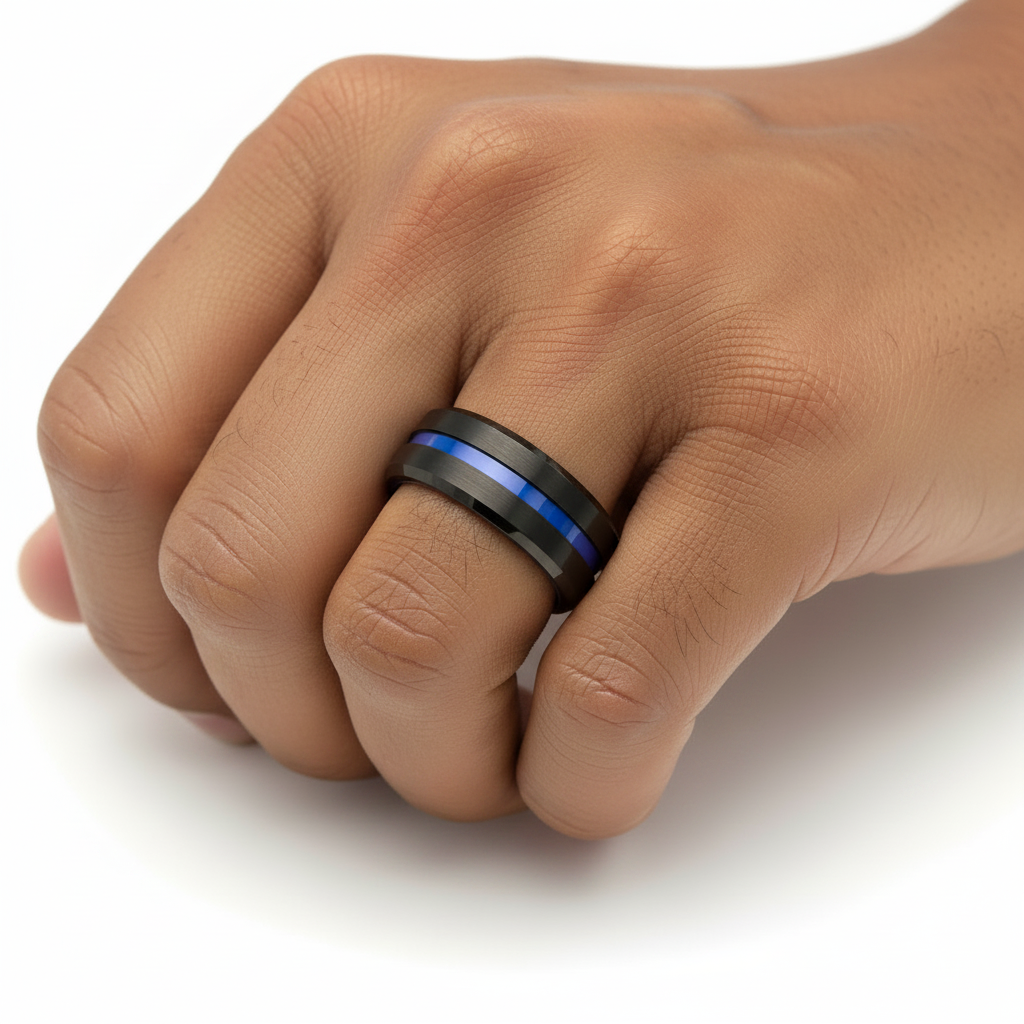 Men's Hand with Black & Blue Tungsten Ring