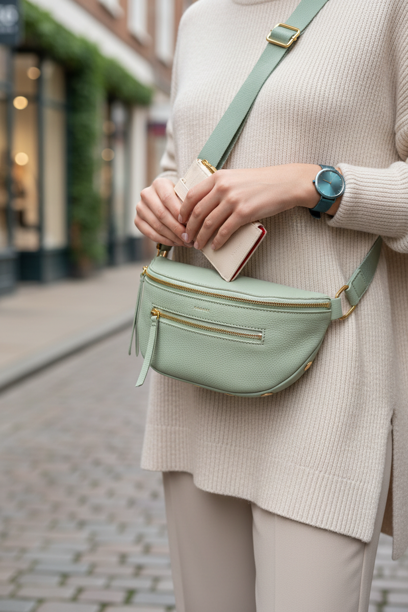 Model Lifestyle - Sage Bag, Cream Wallet & Teal Watch