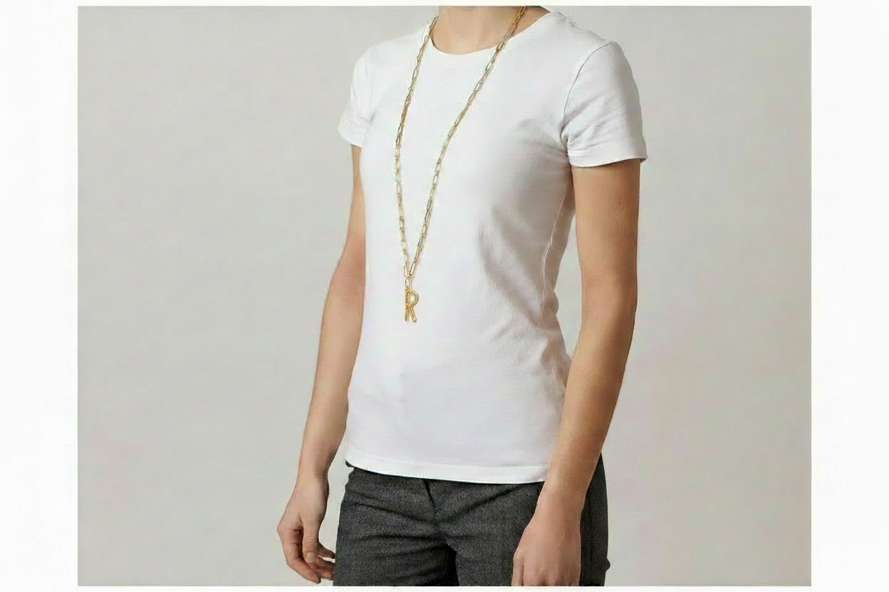 Model with Dainty Letter R Pendant