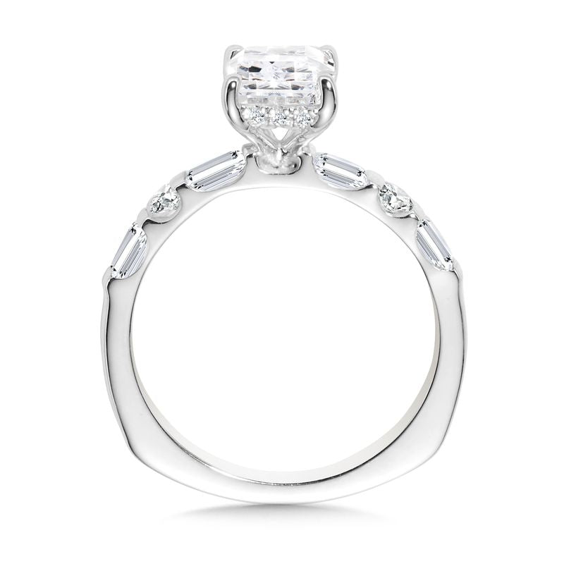 Emerald-Cut Solitaire Engagement Ring w/ Bar Set Band & Hidden Halo in 14KW