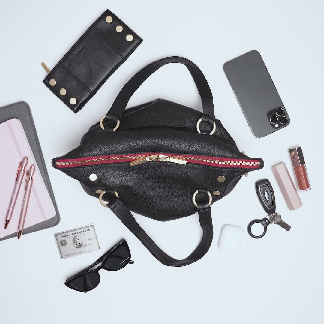 Load and play video in Gallery viewer, Daniel Med Handbag in Black/Brushed Gold with Red Zip
