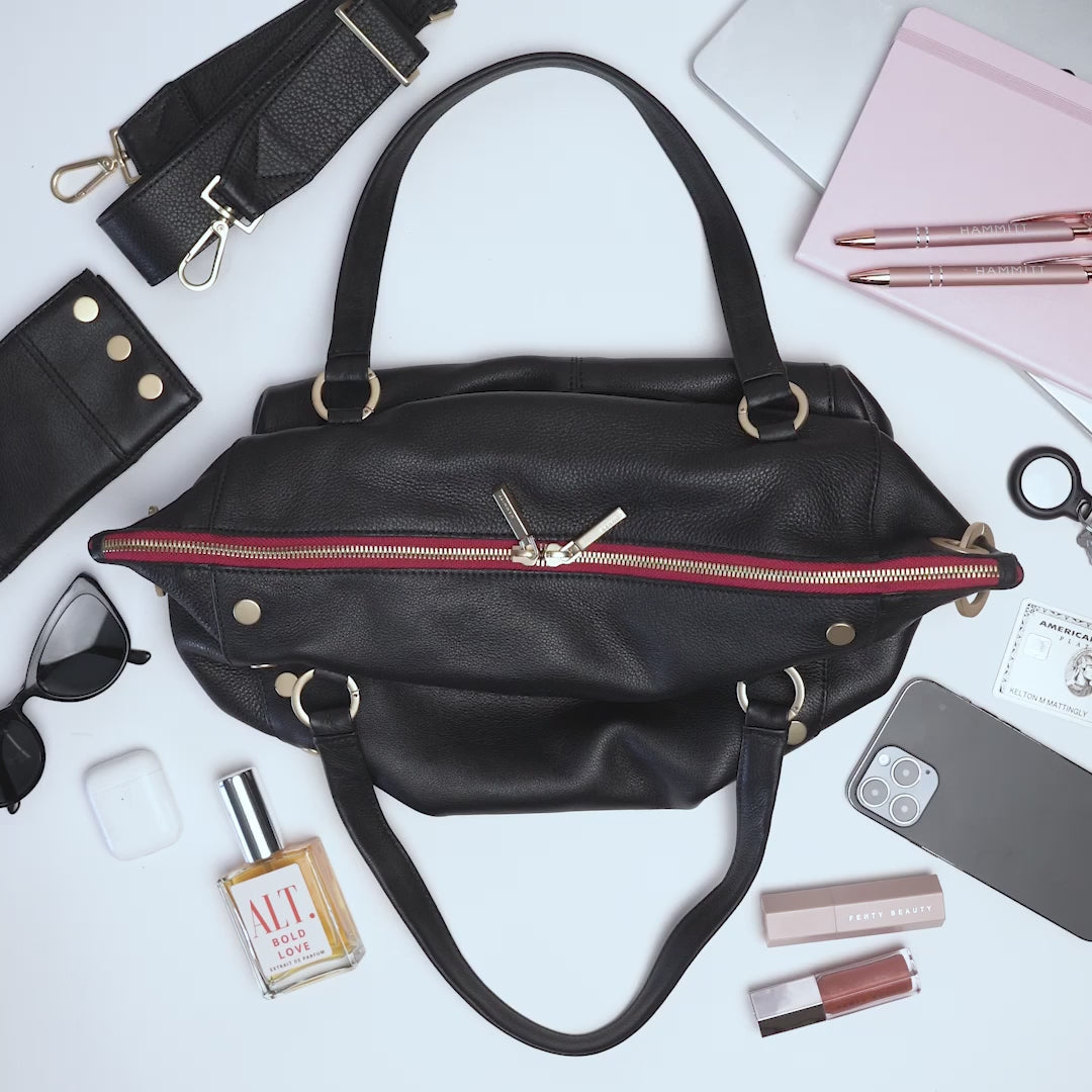 Load and play video in Gallery viewer, Daniel Lrg Handbag in Black/Brushed Gold with Red Zip
