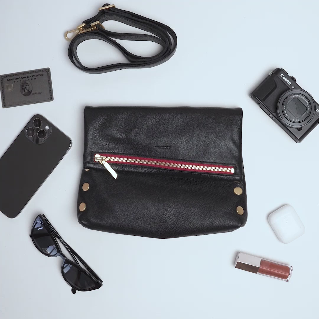 Load and play video in Gallery viewer, VIP MED Handbag in Black/Gold with Red Zip
