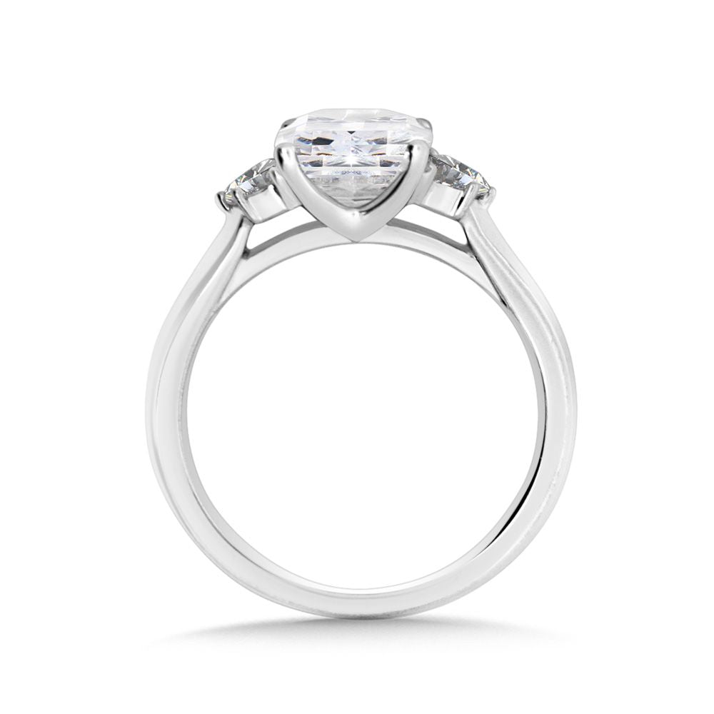 3 Stone Lab Diamond Engagement Ring with Center Cushion & Half Moon Sides in 14KW