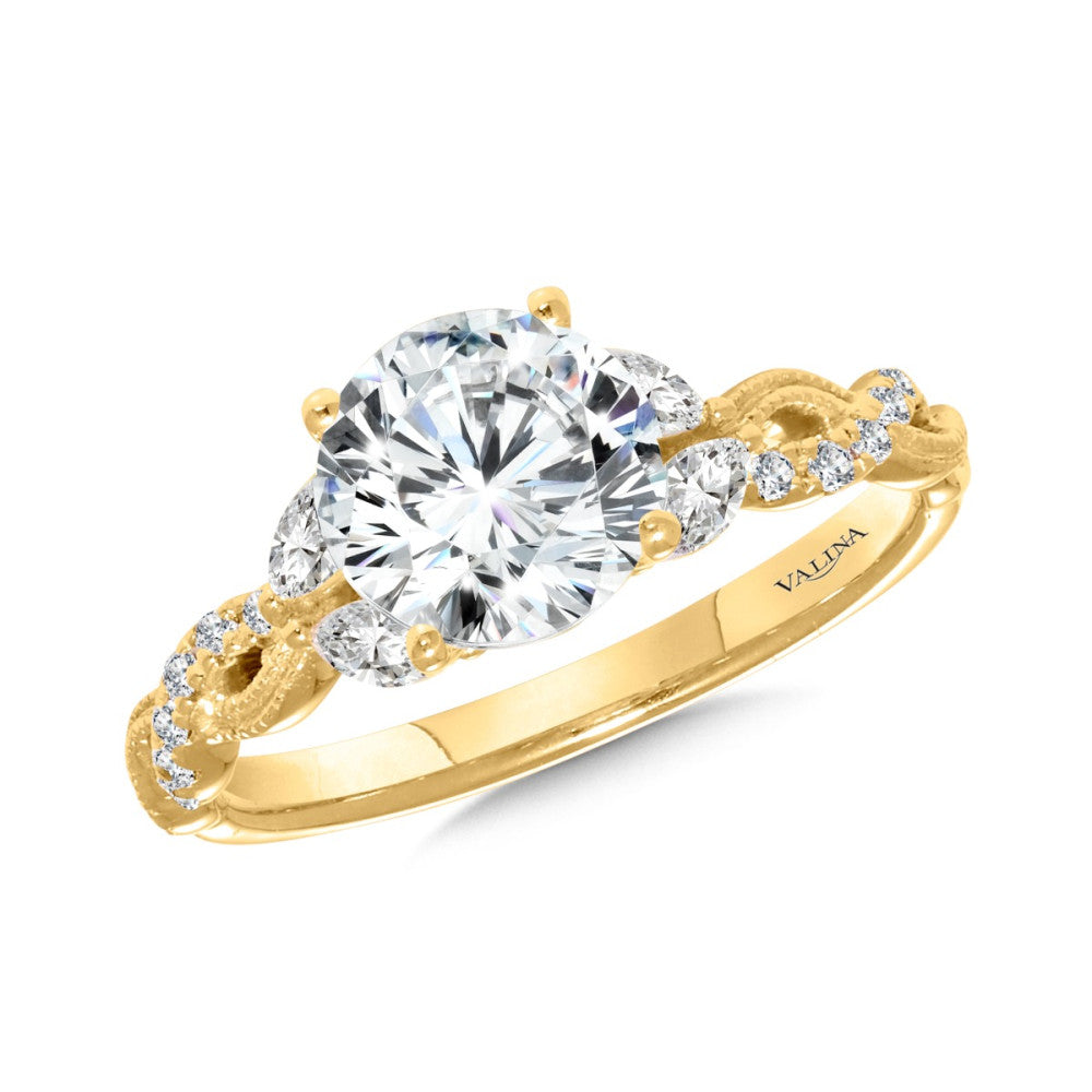 Round Solitaire Engagement Ring w/ Infinity Twist Shank & Accent Marquise in 14KY