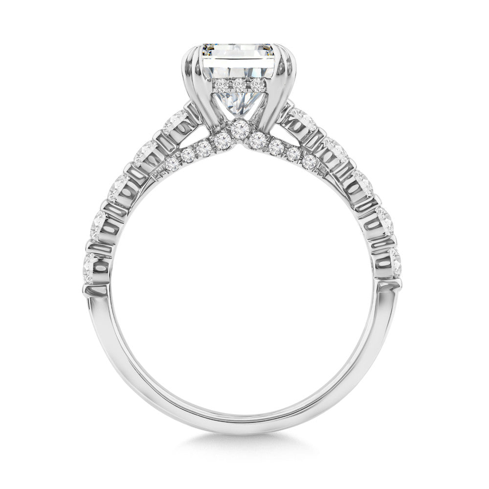 Radiant Solitaire Engagement Ring w/ Bar Set Band & Hidden Diamonds in 14KY