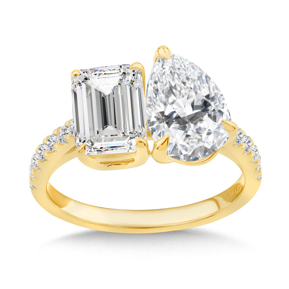 Duet Pear & Emerald Engagement Ring w/ Diamond Band in 14KY