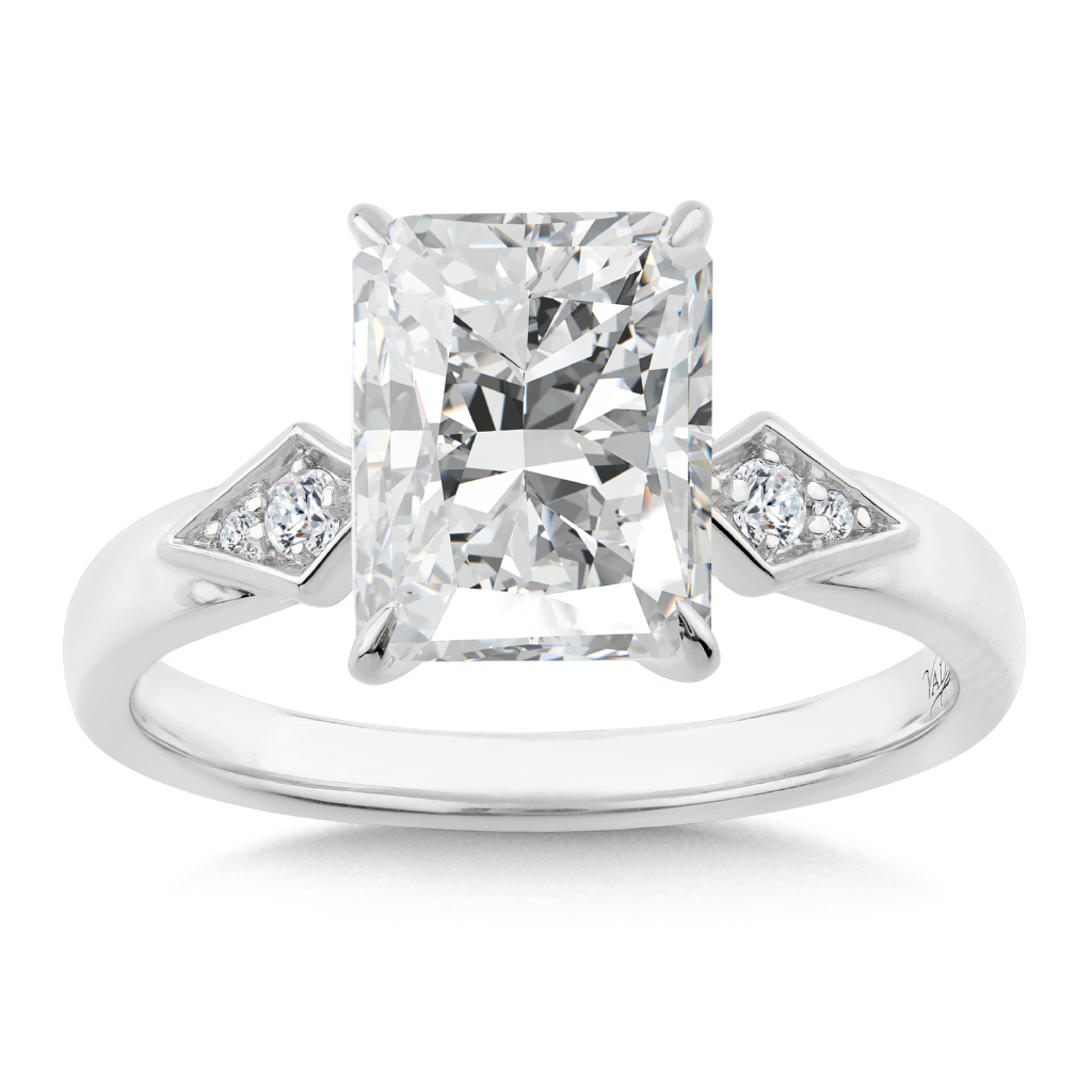 Radiant Cut Solitaire Engagement Ring w/ Side Kite Accents in 14KW
