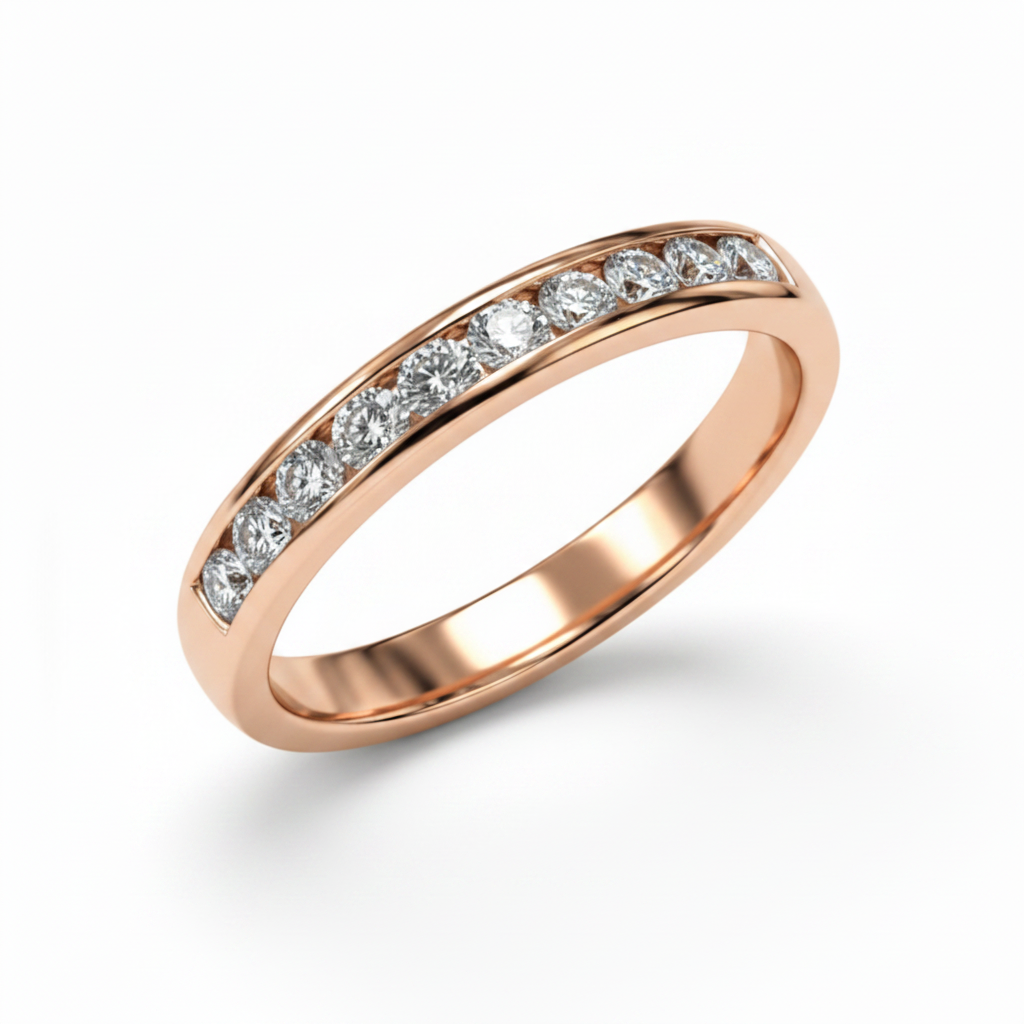 Rose Gold Channel-Set Diamond Band – Diagonal Angle