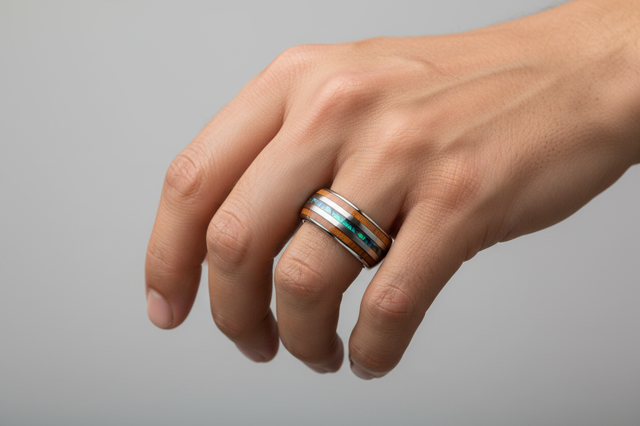 Silver Tungsten Band with Wood & Abalone on Mediterranean Male Hand