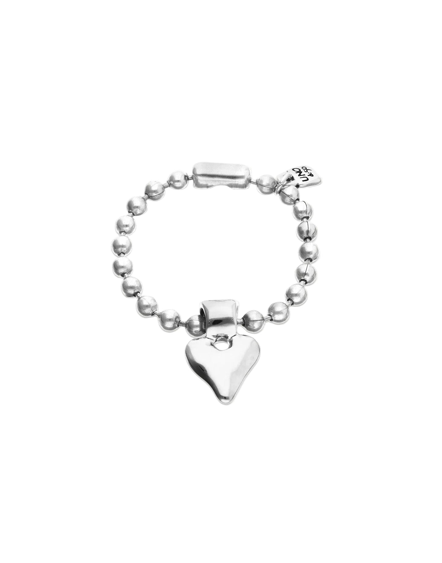 Silver bracelet with a heart-shaped charm on a white background