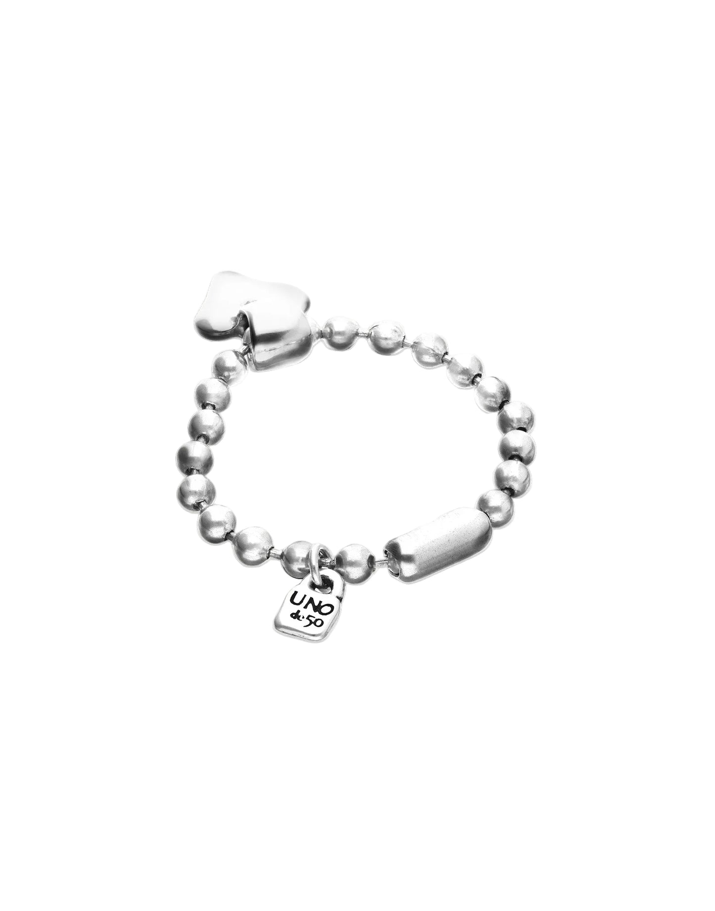 Silver bracelet with a heart charm on a white background