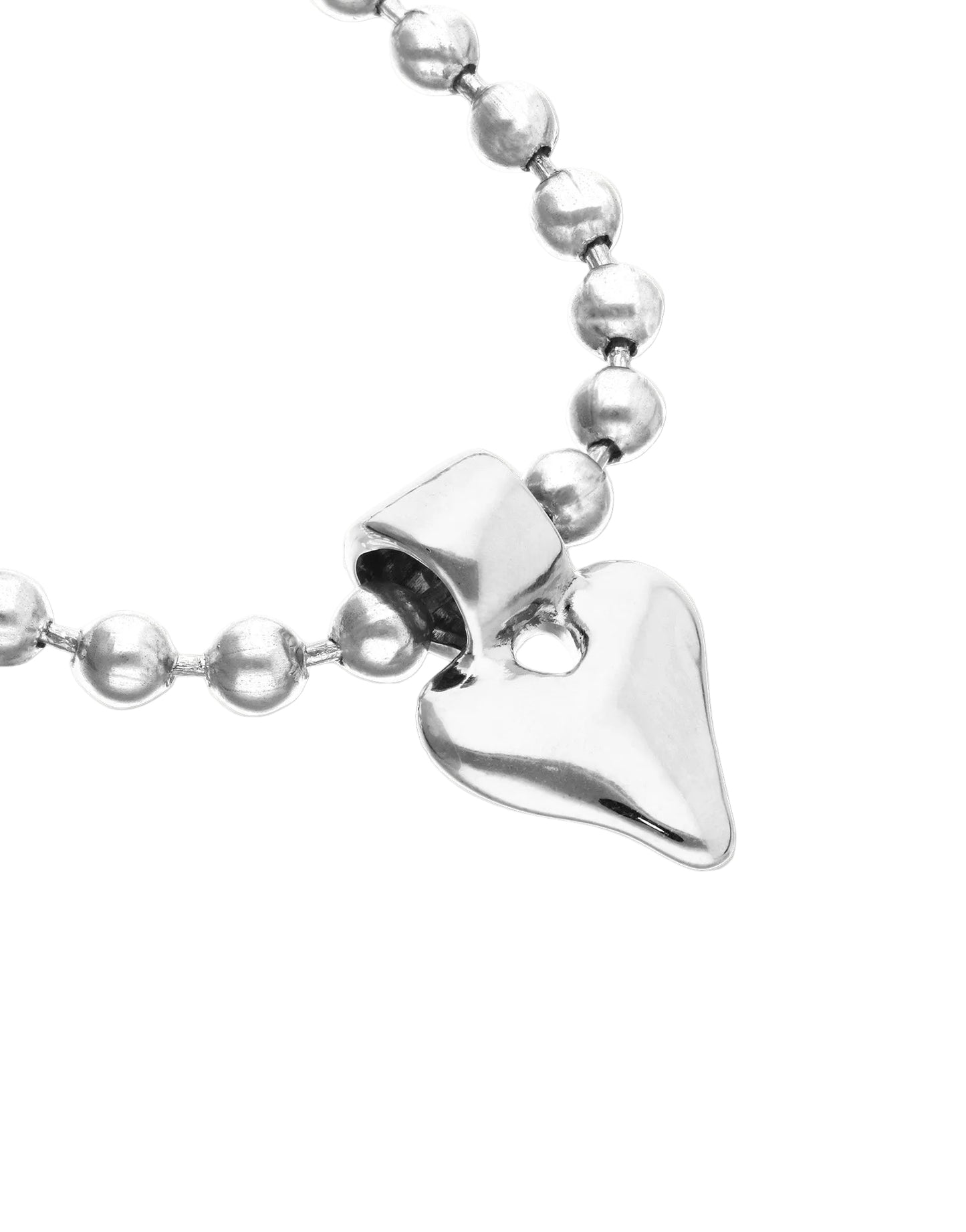 Silver beaded necklace with a heart-shaped pendant on a white background