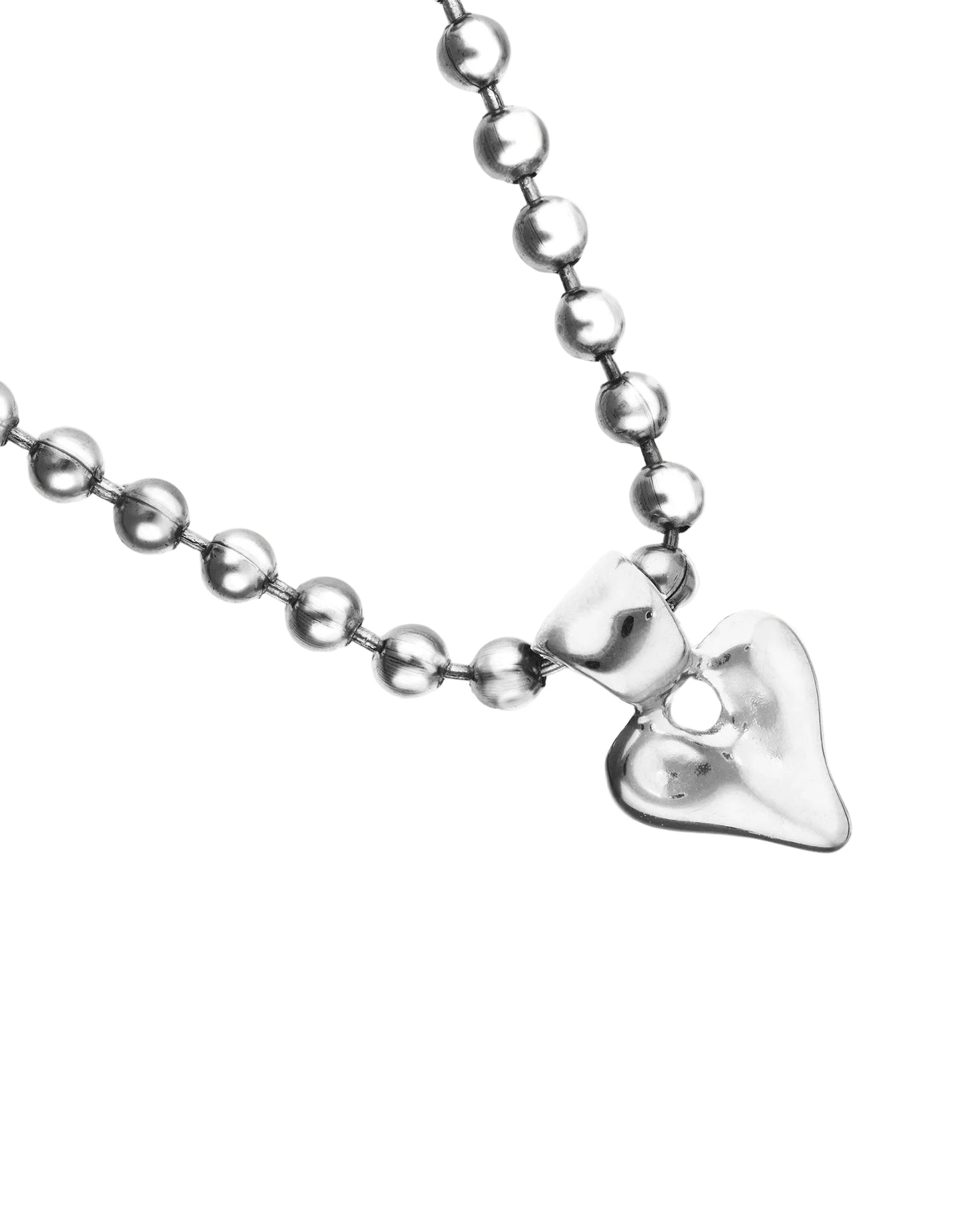 Silver necklace with heart-shaped pendants on a white background