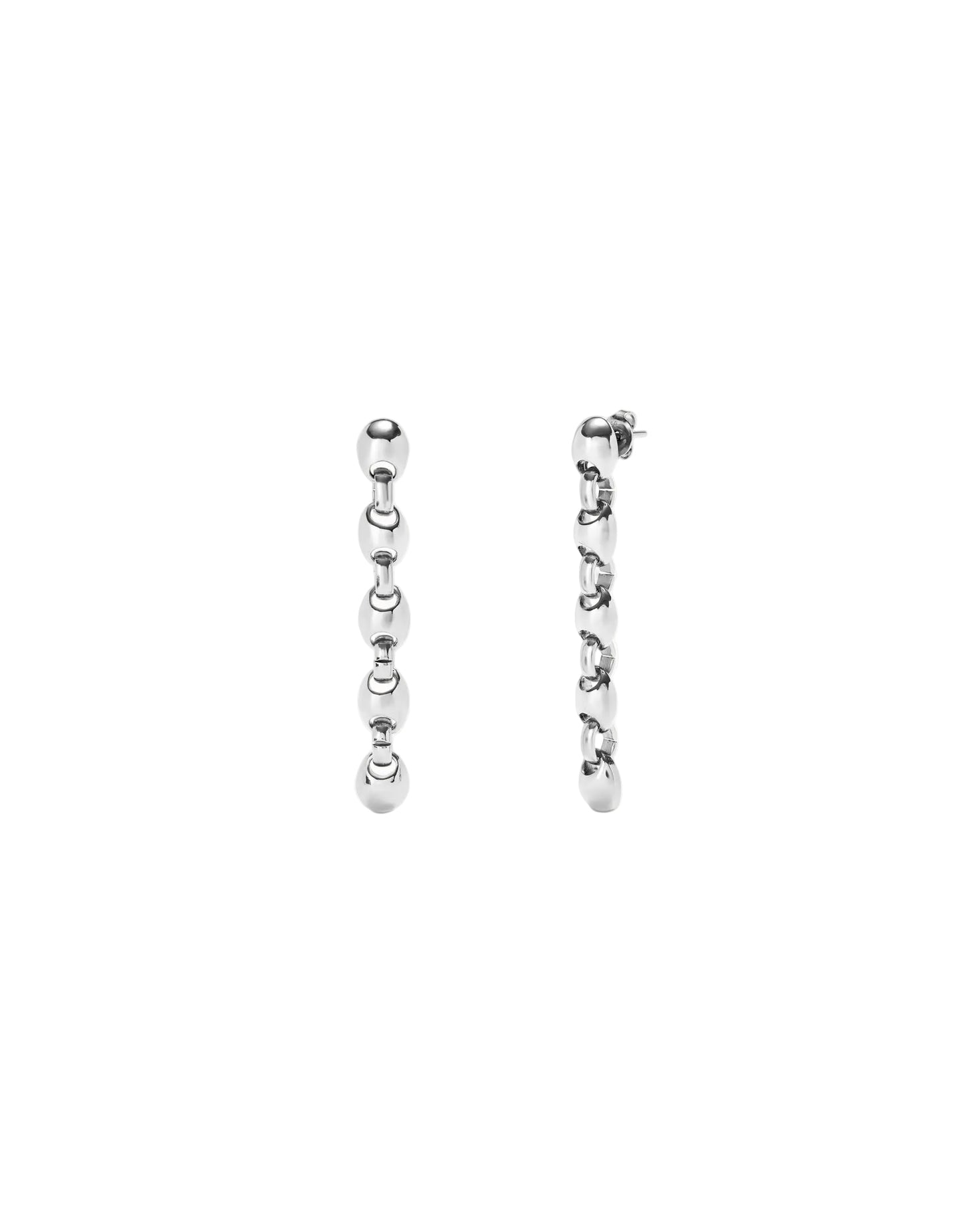 Pair of silver hoop earrings with small beads on a white background
