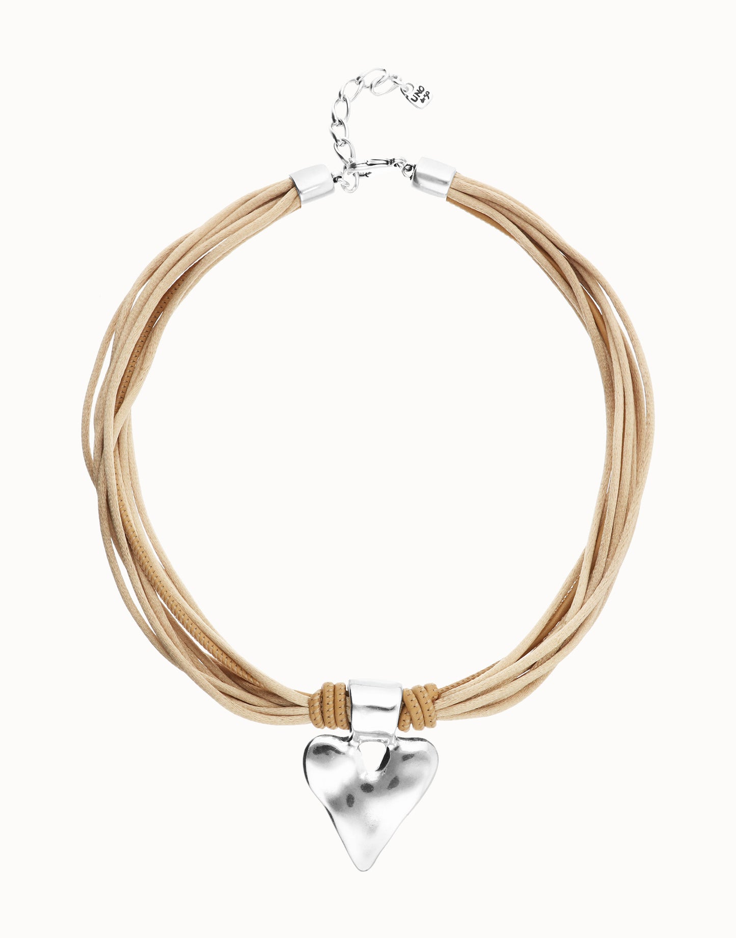 BEAT Camel Leather & Silk Thread Necklace w/ Silver Heart Charm