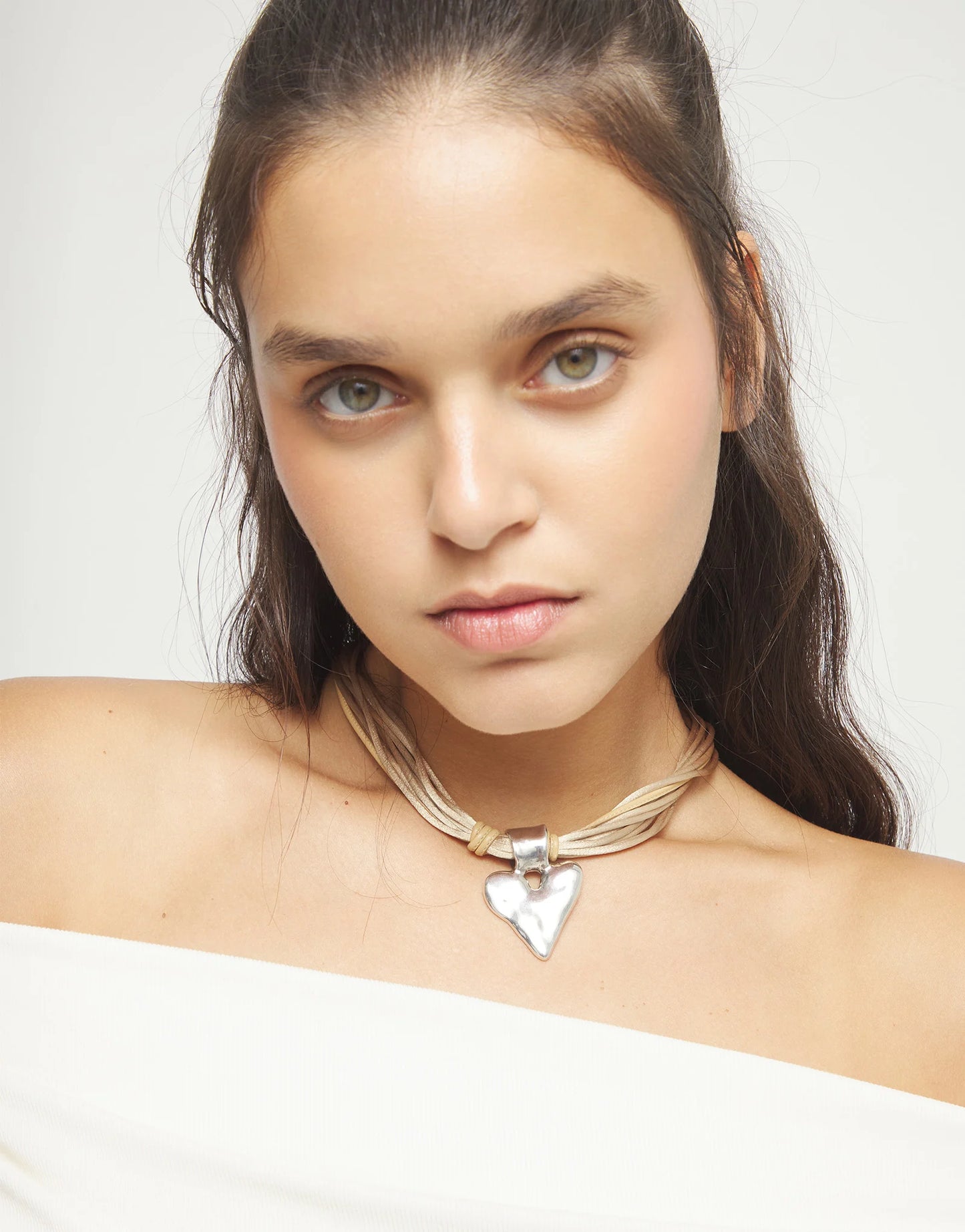 BEAT Camel Leather & Silk Thread Necklace w/ Silver Heart Charm