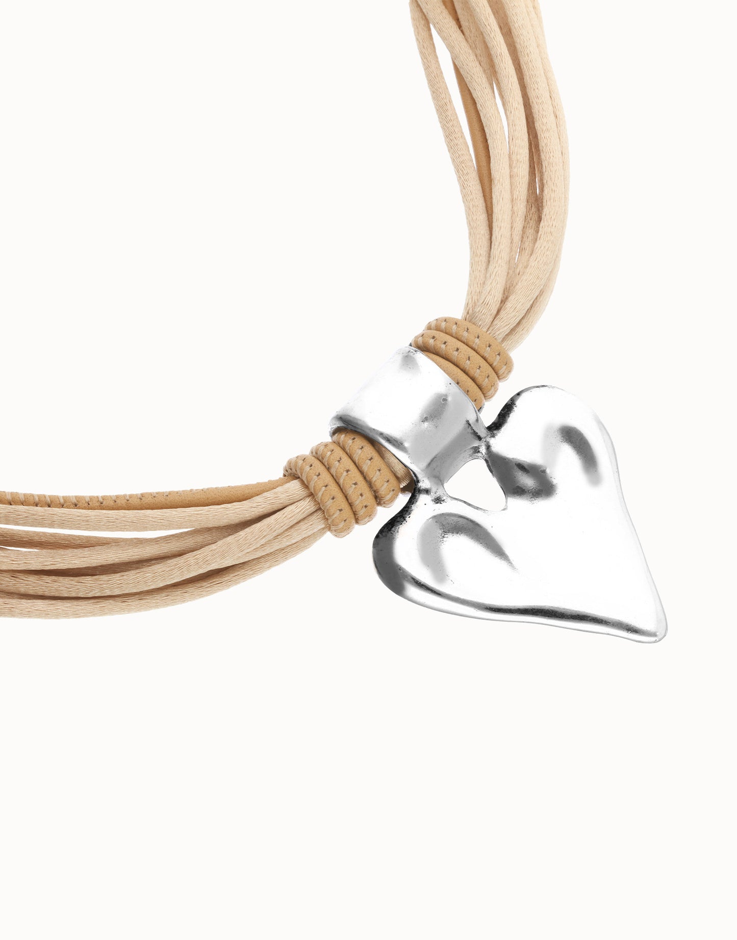 BEAT Camel Leather & Silk Thread Necklace w/ Silver Heart Charm