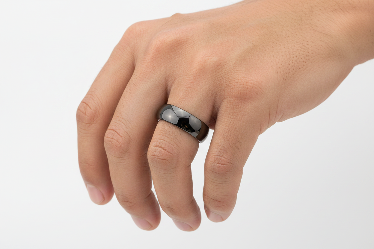 TG-060 Black Tungsten with Rose Gold Interior on Men's Hand