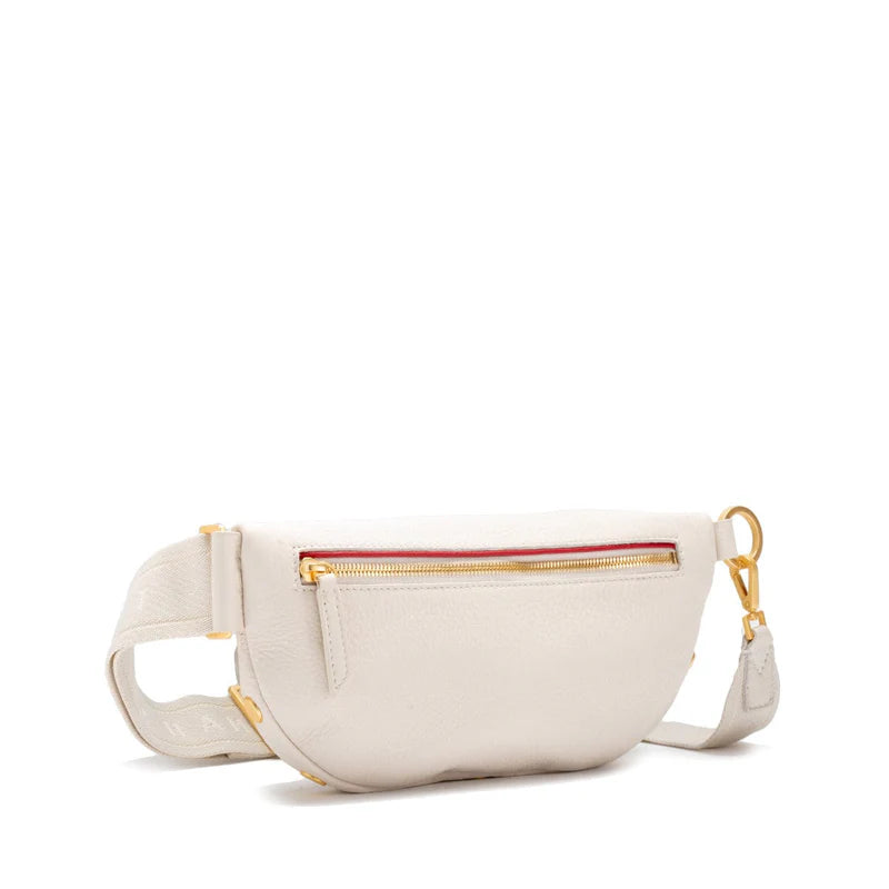 Cream waist bag with gold hardware on a white background