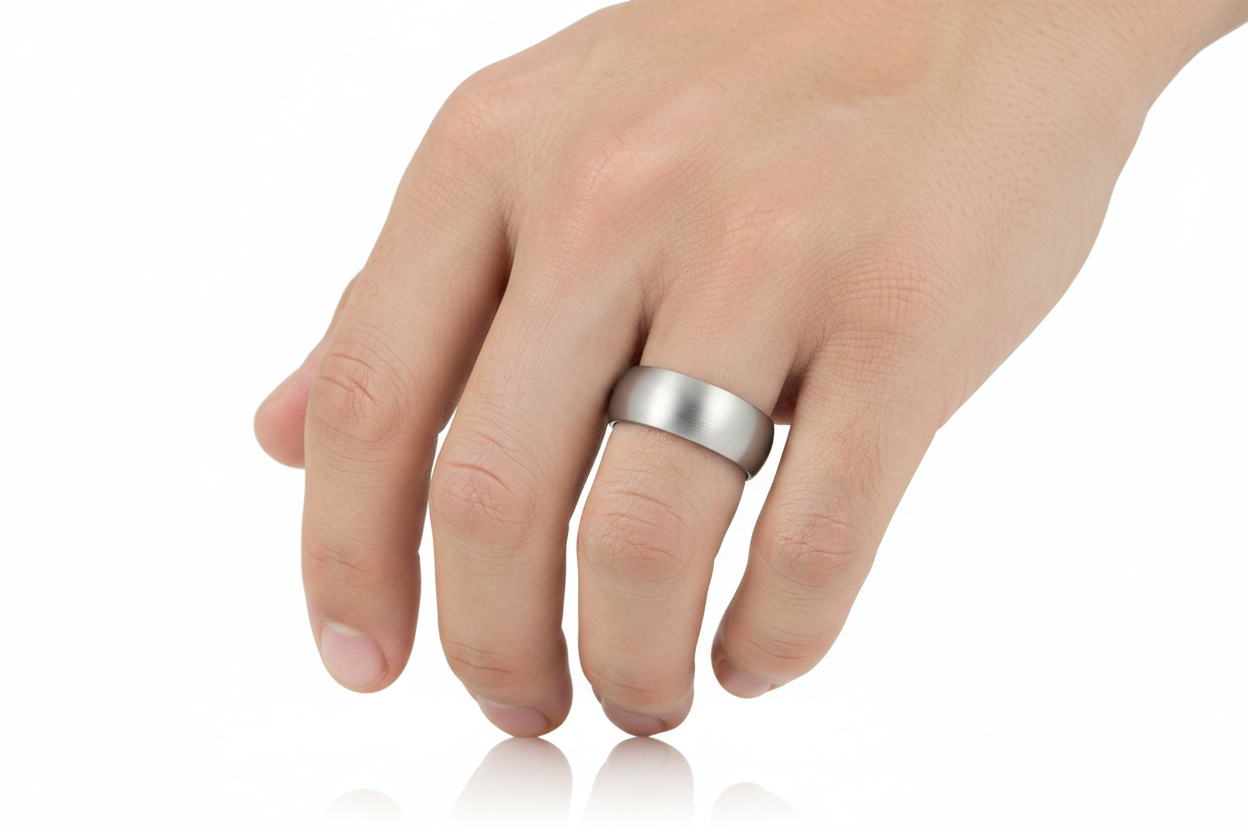 White Tungsten Ring on Man's Left Hand