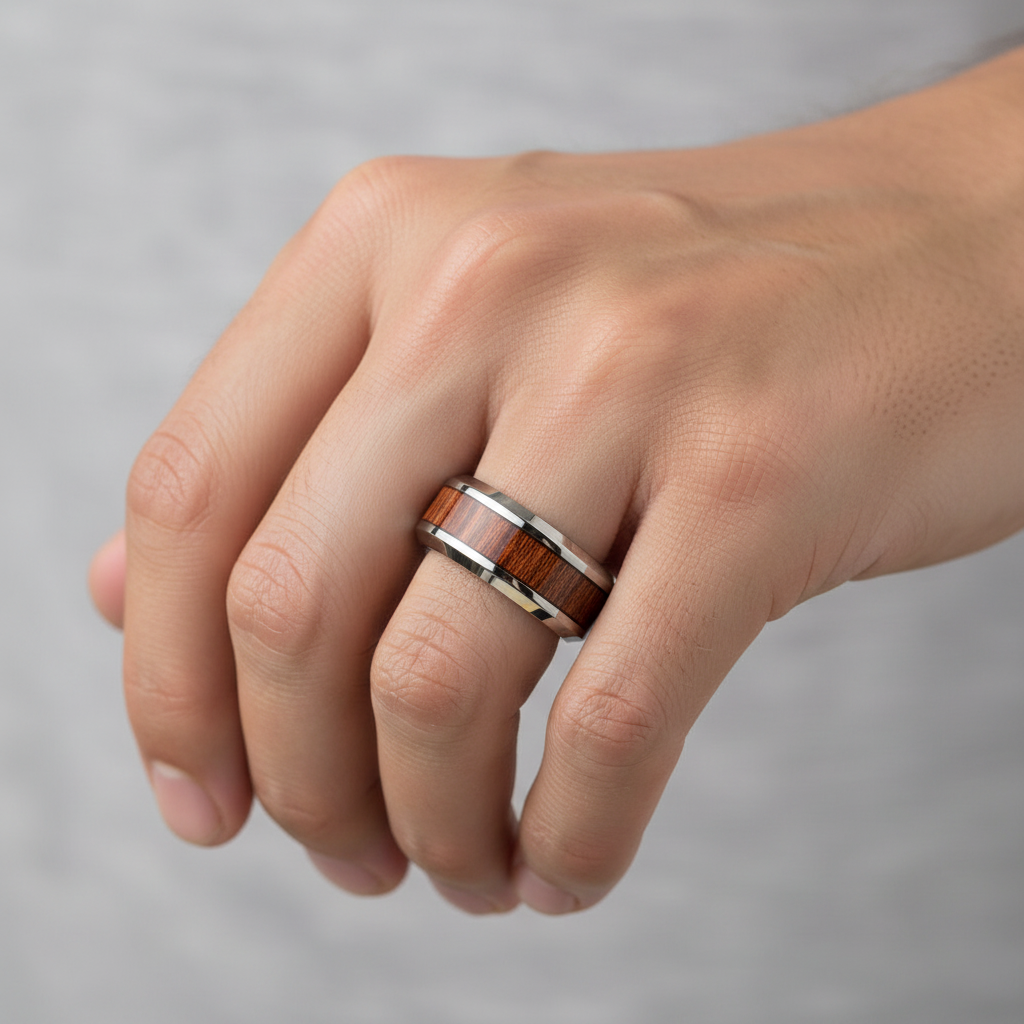 Wood Inlay Band on Man's Left Hand