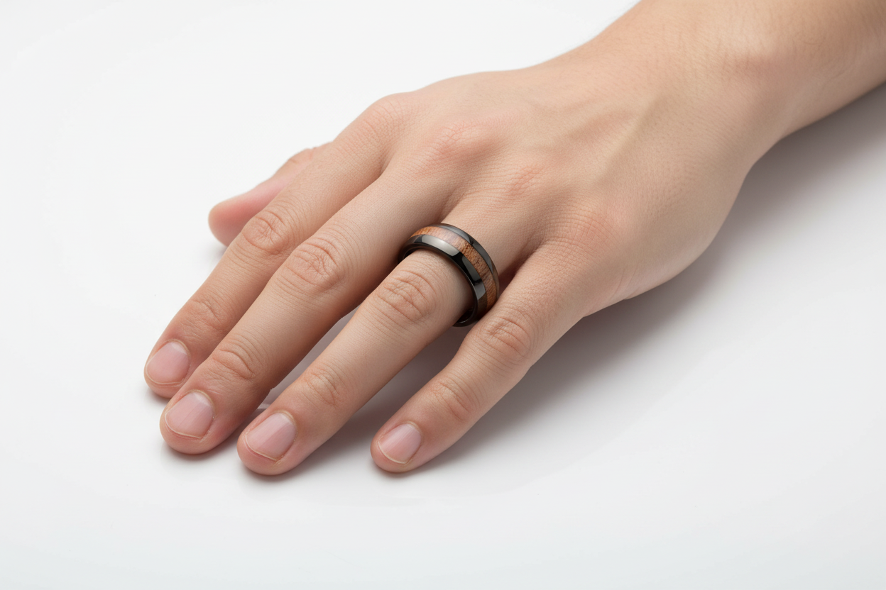 Wood Inlay Ring on Wedding Finger