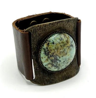 REBEL Large Turquoise Round Cabochon Vintage Brown Leather Bracelet