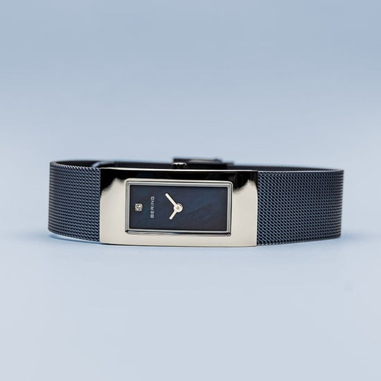 Load image into Gallery viewer, Ladies Classic Polished Silver w/ Blue Mother-of-Pearl Rectangle Dial &amp;amp; Milanese Strap
