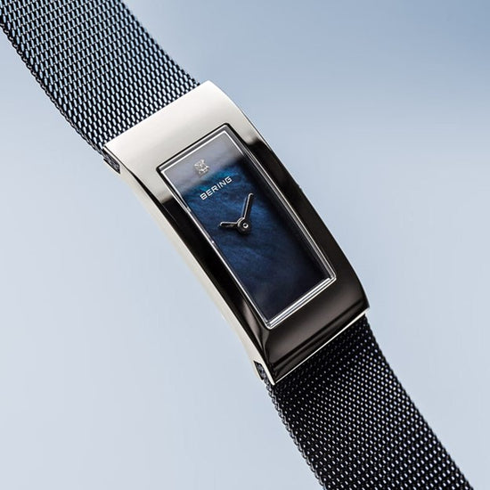 Load image into Gallery viewer, Ladies Classic Polished Silver w/ Blue Mother-of-Pearl Rectangle Dial &amp;amp; Milanese Strap
