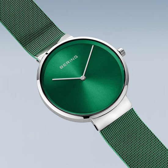 Unisex Classic Polished Silver w/Sunray Green Dial and Green Milanese Strap