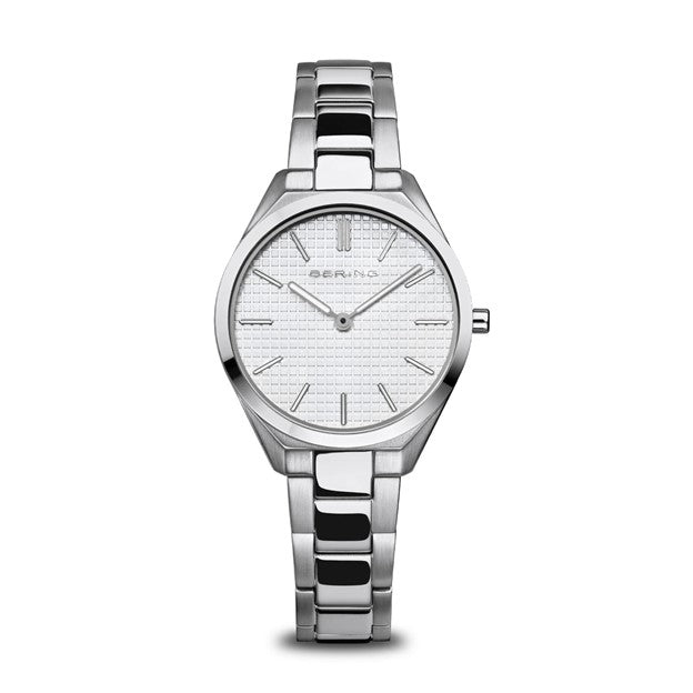 Ladies Ultra Slim Stainless Steel w/ Silver Waffle Sunray Dial and Stainless Steel Strap