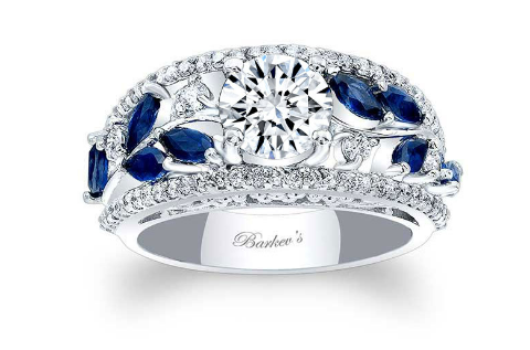 14KW Blue Solitaire Engagement Ring w/ Diamonds & Sapphire Vine Design