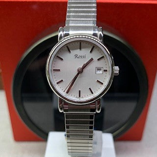 Rossi Ladies Silver Tone Stainless Steel with Expansion band Watch with Black & White Face and Date