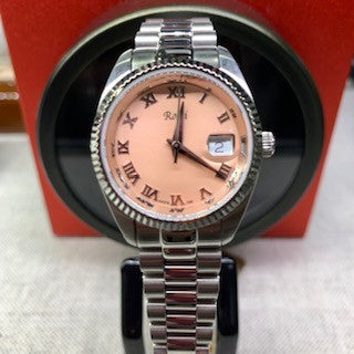 Rossi Ladies Silver Tone and Pink Dial Stainless Steel Watch with Roman Numerals and Date