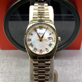 Load image into Gallery viewer, Rossi Ladies Gold-Tone Stainless Steel Watch with Genuine Mother-of-Pearl Dial with Date
